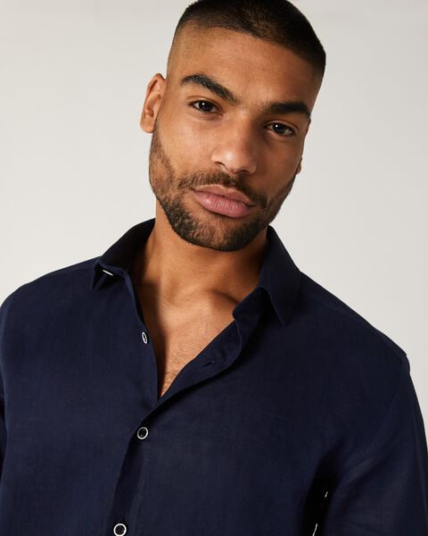 Mens Navy Linen Long Sleeve Shirt
